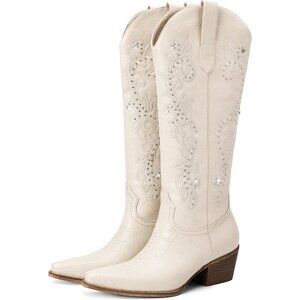 ⚡Women's White Wide Calf Cowgirl Boot Embroidered Western Square Toe Chunky Heel